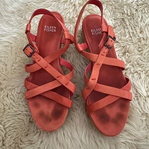 Eileen Fisher coral leather wedge sandals cork flatform 6
